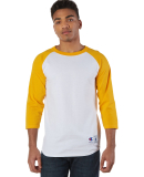 T137 Champion Logo Raglan Baseball Tee in White/ gold