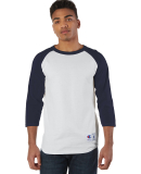 T137 Champion Logo Raglan Baseball Tee in White/ navy