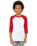 3200Y Bella + Canvas Youth Three-Quarter Sleeve Ba in White/red