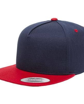 6007 Yupoong Five-Panel Flat Bill Cap in Navy/ red