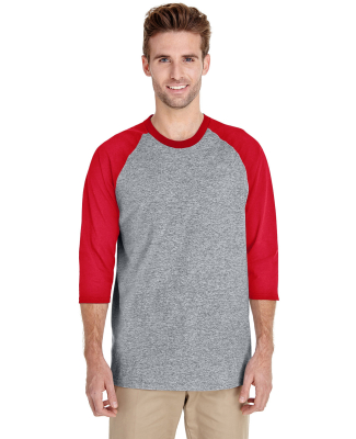 5700 Gildan Heavy Cotton Three-Quarter Raglan T-Sh in Sport grey/red