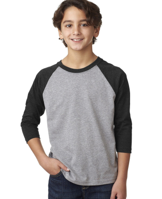Next Level 3352 Youth CVC Baseball Raglan in Black sleeves/ dark heather grey body