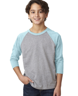 Next Level 3352 Youth CVC Baseball Raglan in Ice blue sleeves/ dark heather grey body
