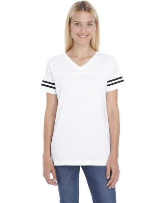 LAT 3537 Women's V-Neck Football Tee in White/black