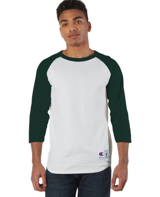 T137 Champion Logo Raglan Baseball Tee in White/ Dark Green