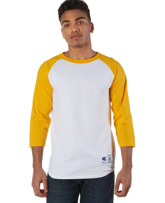 T137 Champion Logo Raglan Baseball Tee in White/ gold