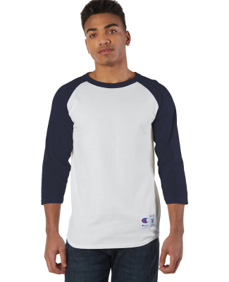 T137 Champion Logo Raglan Baseball Tee in White/ navy