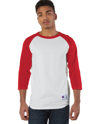 T137 Champion Logo Raglan Baseball Tee in White/ scarlet