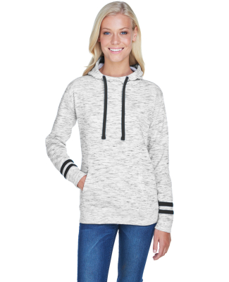 197 8674 Women's Melange Fleece Striped Sleeve Hoo in White/ black