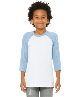 3200Y Bella + Canvas Youth Three-Quarter Sleeve Ba in White/ denim