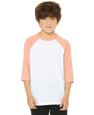 3200Y Bella + Canvas Youth Three-Quarter Sleeve Ba in White/ heather peach