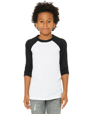 3200Y Bella + Canvas Youth Three-Quarter Sleeve Ba in White/black
