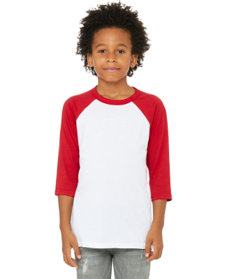 3200Y Bella + Canvas Youth Three-Quarter Sleeve Ba in White/red