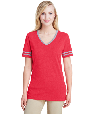 Jerzees 602WVR Triblend Women's V-Neck Varsity T-S in Fiery red heather/ oxford