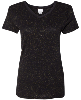 J America 8136 Women's Glitter V-Neck T-Shirt in Black/ gold