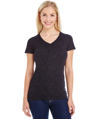 J America 8136 Women's Glitter V-Neck T-Shirt in Black/ silver
