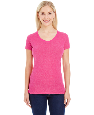 J America 8136 Women's Glitter V-Neck T-Shirt in Wildberry/ silver