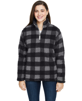 J America 8451 Women's Epic Sherpa Quarter-Zip in Black/ charcoal buffalo