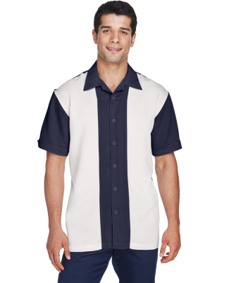 Harriton M575 Men's Two-Tone Bahama Cord Camp Shir in Navy/ cream