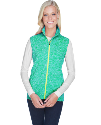 J America 8625 Cosmic Fleece Women's Vest in Emerald/ neon yellow