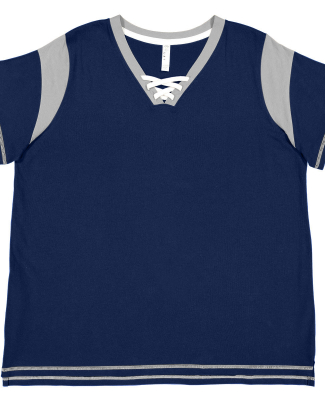 LA T 3833 Ladies' Curvy Gameday Lace Up T-Shirt in Navy/titanium/white