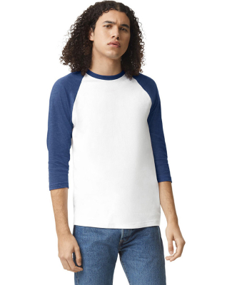 American Apparel 2003CVC Unisex CVC Raglan T-Shirt in White/ heather indigo