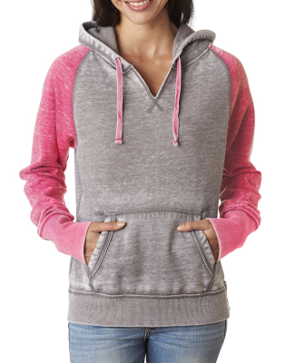 J America 8926 Women's Zen Fleece Raglan Hooded Sw in Cement/ wildberry