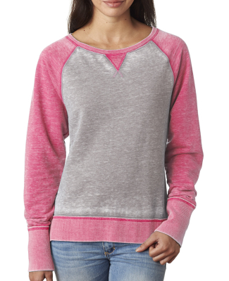 J America 8927 Women’s Zen Fleece Raglan Sweatsh in Cement/ wildberry