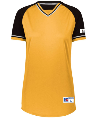 Russell Athletic R01X3X Women's Classic V-Neck Jer in Gold/ black/ white
