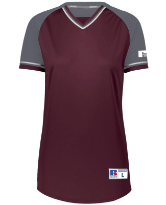 Russell Athletic R01X3X Women's Classic V-Neck Jer in Maroon/ steel/ white