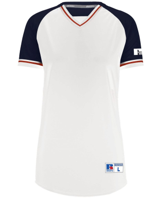 Russell Athletic R01X3X Women's Classic V-Neck Jer in White/ Navy/ True Red