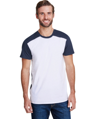 LA T LA6911 Men's Forward Shoulder T-Shirt in White/ navy