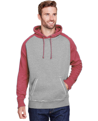 J8885 J-America Adult Vintage Heather Hooded Fleec in Smoke heather/ simply red heather