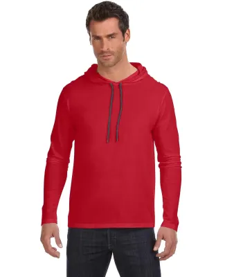 987 Anvil Ringspun Long-Sleeve Hooded T-Shirt in Tr red/ dark gry
