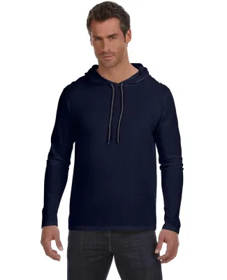 987 Anvil Ringspun Long-Sleeve Hooded T-Shirt in Navy/ dark grey