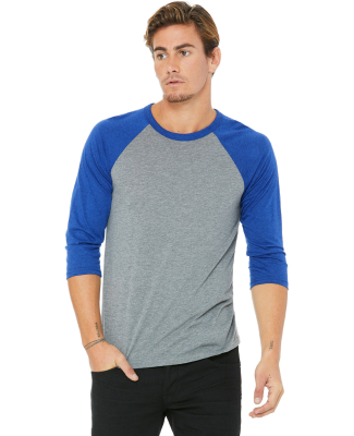BELLA+CANVAS 3200 Unisex Baseball Tee in Grey/ true royal triblend