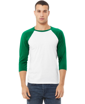 BELLA+CANVAS 3200 Unisex Baseball Tee in White/ kelly