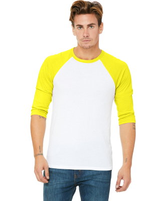 BELLA+CANVAS 3200 Unisex Baseball Tee in White/ neon yellow