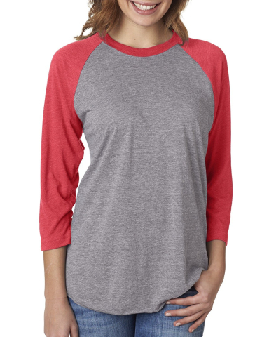 Next Level 6051 Unisex Tri-Blend 3/4 Sleeve Raglan in Vintage red sleeves/ premium heather body