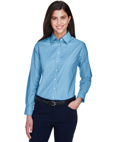 Harriton M600W Ladies' Long-Sleeve Oxford with Sta in Light blue