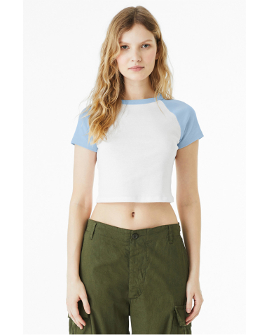 Bella + Canvas 1201 Ladies' Micro Ribbed Raglan Ba in White/ baby blue
