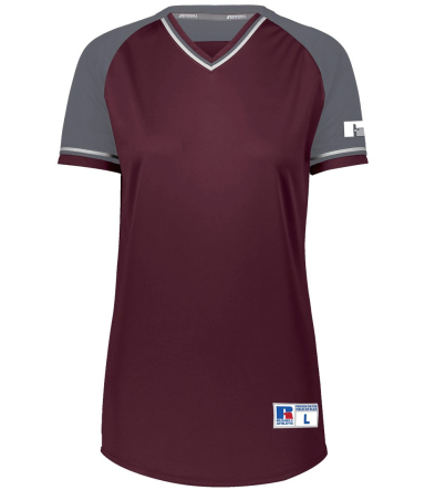 Russell Athletic R01X3X Women's Classic V-Neck Jer in Maroon/ steel/ white