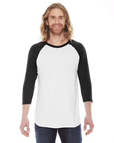 BB453 American Apparel Unisex Poly Cotton 3/4 Slee in White/ heather black